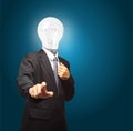 businessman with lamp head push the button on virtual touch pad, Objects with clipping paths for design work