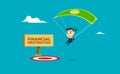 A businessman landing on the spot using parachute. vector illustration