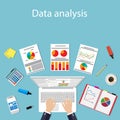Businessman with laptop analyzes data.