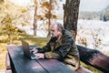 Businessman with laptop during his vacations in forest Royalty Free Stock Photo