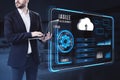 Businessman with laptop interacting with virtual agile development interface for software deployment and management Royalty Free Stock Photo