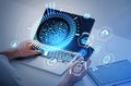 Businessman with laptop and phone, brain hologram with diverse icons