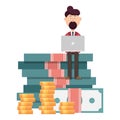 Businessman with laptop standing on a huge pile of money