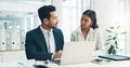 Businessman, laptop and team in finance discussion, project planning or schedule at office. Asian man and business woman Royalty Free Stock Photo