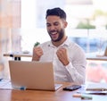 Businessman, laptop and winner in celebration for good news, deal or work promotion at the office. Excited employee man Royalty Free Stock Photo