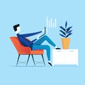 Businessman with laptop working successfully in a chair next to the cupboard and plant. Vector conceptual illustration Royalty Free Stock Photo