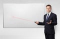 Businessman with laser pointer and copyspace white blackboard Royalty Free Stock Photo