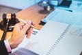 Businessman or lawyers sitting office signing contract papers on wood table. Law of advisor Concepts and vintage, Sunset light.