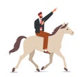 Businessman Leader Or Boss Riding Horse And Showing Direction With Finger. Business Competition And Leadership Concept