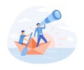 Businessman Leader looking through a telescope, business people stands with a paddle floating on a paper boat