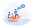 Businessman Leader looking through a telescope, business people stands with a paddle floating on a paper boat,
