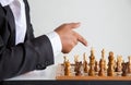 Businessman leadership hand moving of playing chess concept: symbol confident new strategy plan for win and success, sports gam