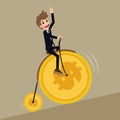 Businessman leads retro bicycle money coin wheel