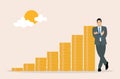 Businessman lean against a stack of coins, confident of the future, vector concept illustration Royalty Free Stock Photo