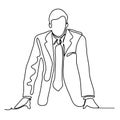 The businessman is leaning on the table. Continuous line drawing. Isolated on the white background. Vector monochrome