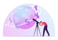 Businessman Learn Worldwide Economics and Exchange Rate. Man Looking in Telescope on Earth Globe