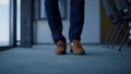 Businessman leather shoes waiting office closeup. Unknown confident man concept