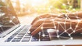 A businessman leverages digital tech and network innovation, envisioning future advancements through a virtual interface