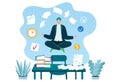 Businessman levitating meditating, concept business employment working process, workplace flat vector illustration