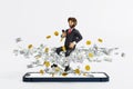Businessman levitation using smartphone working business with coin and banknote up rising from big smartphone, 3D rendering