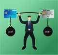 Businessman lift barbell credit card debt with difficulty