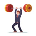 Businessman lifting big heavy barbell up over head