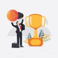 Businessman lifting light bulb with trophy. Idea for winning vector illustration