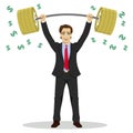 Businessman lifts up heavy barbell with dollar sign. Vector illustration for business financial strength concept.