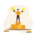 Businessman with a light bulb and a stack of coins.Young man holding glowing electric light bulb.Vector, illustration Royalty Free Stock Photo