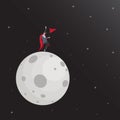 Businessman like a superhero holding the red flag landing on the moon vector illustration. Achieving business concept