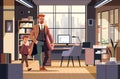 businessman with little son standing in office or home cabinet with furniture for corporate or freelance work