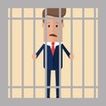Businessman locked behind prison bars. Businessman in prison holds his hands behind bars. Vector illustration