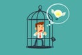 Businessman locked in cage thought of flying idea bulb