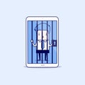 Businessman locked in smartphone. Cartoon character thin line style vector