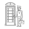 Businessman and london telephone cabin in black and white