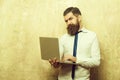 Businessman with long beard work on laptop