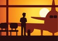 businessman look to plane wait to get on plane to establish business contact in terminal airport on sunset time,silhouette style
