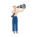 Businessman looking afar through spyglass. Entrepreneur searching opportunities, business success concept vector