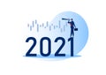 Businessman looking binoculars with candlestick chart of the stock market of 2021 years. Concept of stock investment; Flat cartoon Royalty Free Stock Photo