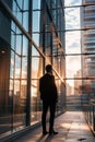 Businessman looking at city skyline through glass windows at sunset. Back view, modern corporate building glass facade Royalty Free Stock Photo