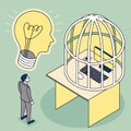 Businessman looking at creative idea while office desk is locked inside a cage symbolizing restriction of innovation and workplace Royalty Free Stock Photo