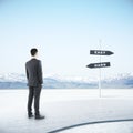 Businessman looking on easy and hard sign post