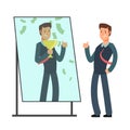 Businessman looking himself happy and successful in mirror reflection. Success in business and winner vector concept