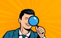 Businessman looking through magnifying glass. Retro comic pop art vector illustration