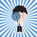 Businessman looking through a magnifying glass for searching, vector illustration in flat design