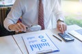 Businessman looking through a magnifying glass to business chart report