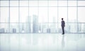 Businessman looking at megalopolis through window