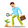 Businessman Looking For Money With Magnifier On The Floor, Investment Search Vector. Isolated Illustration