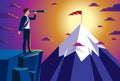 Businessman looking for opportunities in spyglass standing on top peak of mountain business concept vector illustration, Royalty Free Stock Photo