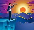 Businessman looking for opportunities in spyglass standing on top peak of mountain business concept vector illustration, Royalty Free Stock Photo